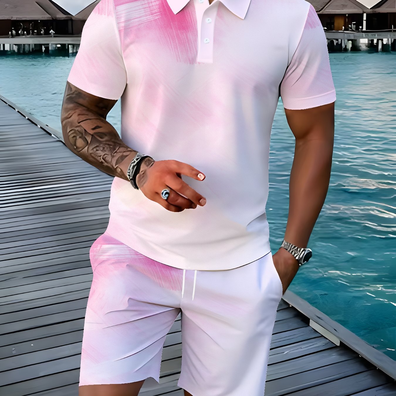 TEMU Ensemble décontracté pour homme : polo imprimé à manches courtes et short, tenue confortable pour et