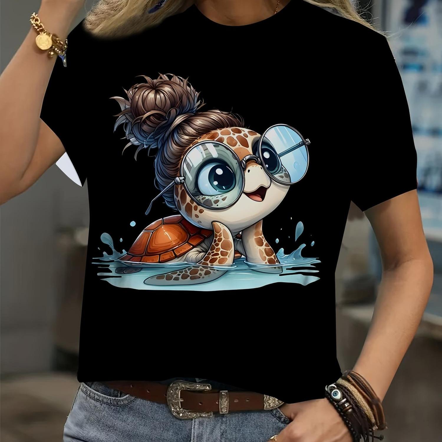 TEMU Soft Print T-shirt - Lightweight Opaque Short Sleeve Round Neck Top With Turtle-themed, Casual Beach Blouse Suitable For Spring Summer Fall