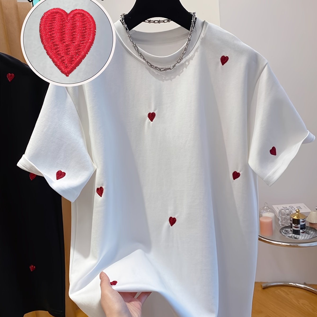 E-shop Liebe Stickerei T-Shirt, Damen Rundhals Kurzarm Freizeit Top, Geeignet für Sommer und Frühling, Weißes Damen T-Shirt