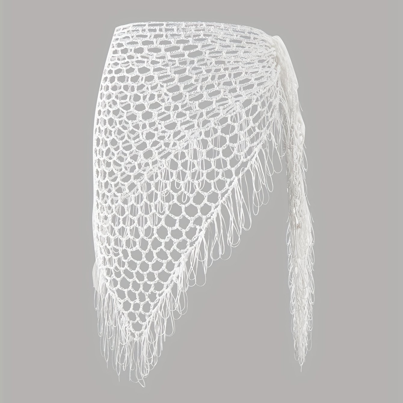 Image of Hand-crocheted Women's Beach Wrap Skirt With Fishnet Knot Detailing, Bohemian Style Summer Openwork Fringe Skirt, White Cover-up For Seaside Vacation