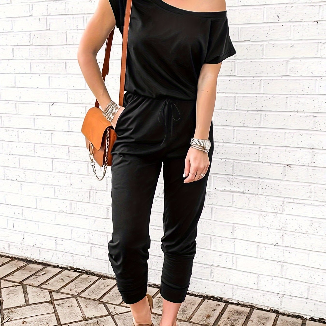 Women's Summer Casual Fashionable Versatile Solid Color Crossbody Jumpsuit For Commuting