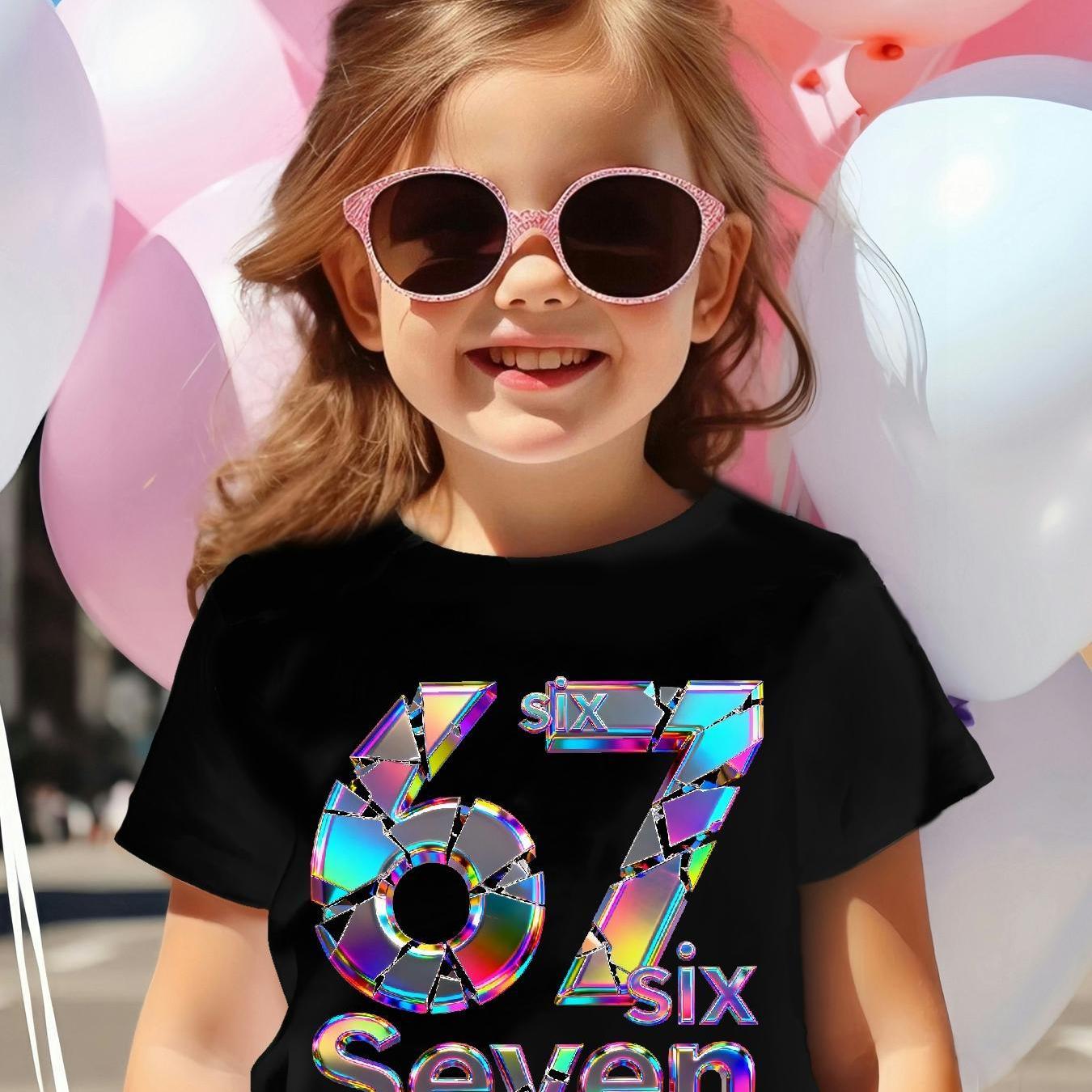 E-shop Kinder T-Shirt mit 67 Zahl & Alphabet Druck - Niedliches 67. Party Outfit, Jungen & Mädchen Kurzarm Rundhals Top, Farbenfrohes 67 Design für