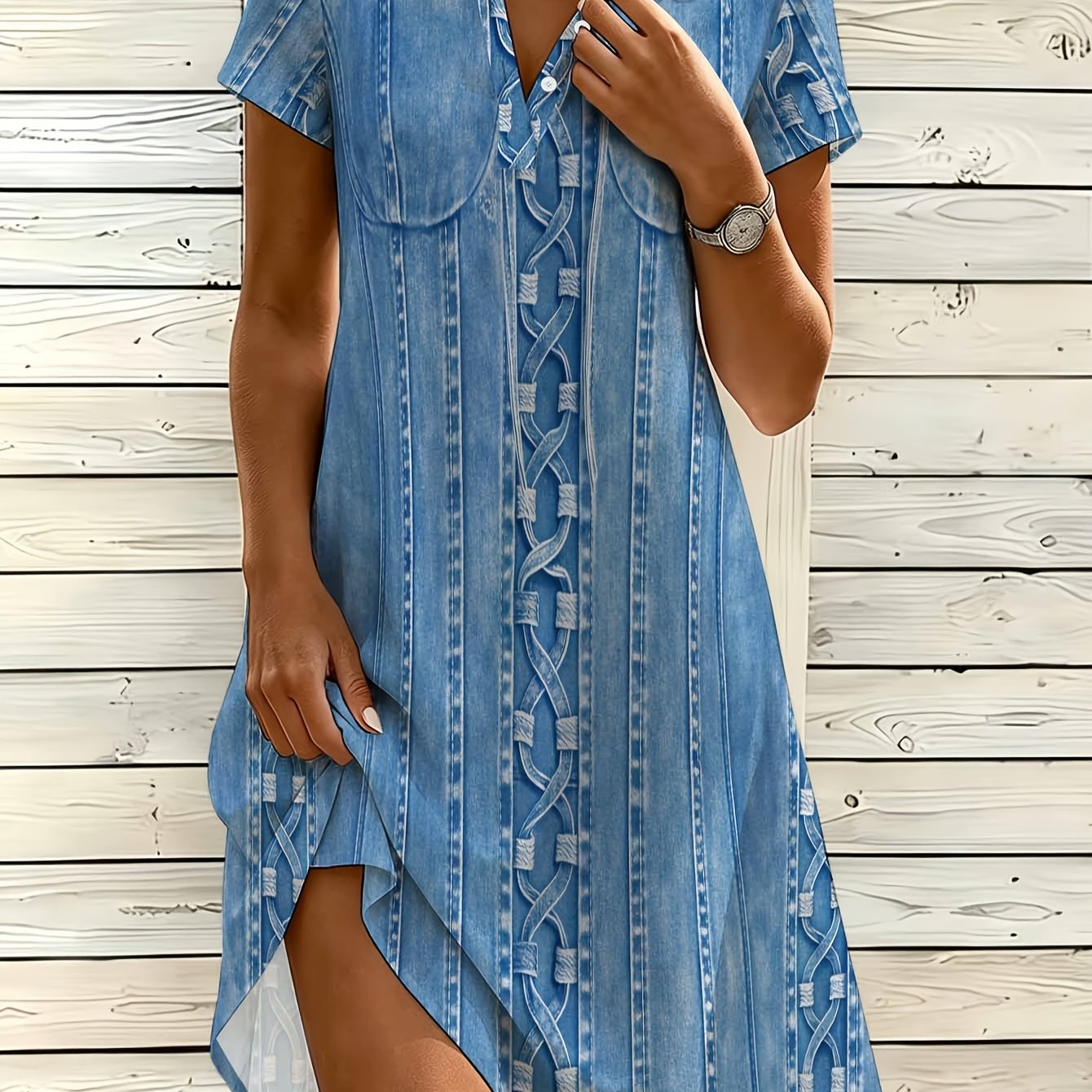 Image of [printed Pants - Not Denim Fabric] Women's Fashion Shirt Dress, V-neck Button Dress, Denim Texture Print