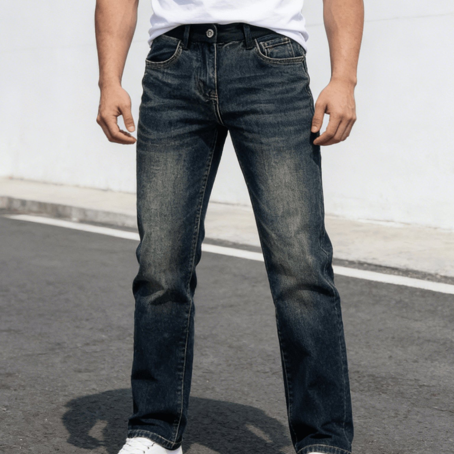 Image of Hme-275 Men's Distressed Dark Blue Washed Jeans Daily Casual Pants Minimalist High- Denim Trousers