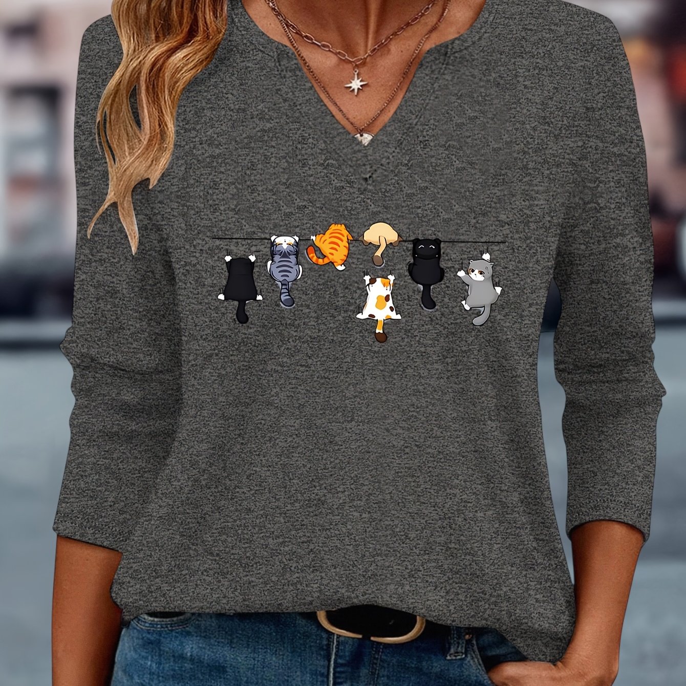 TEMU Cute Kitten Print European And American Women' Easy Comfortable Casual V-neck 3/4 Sleeve T-shirt