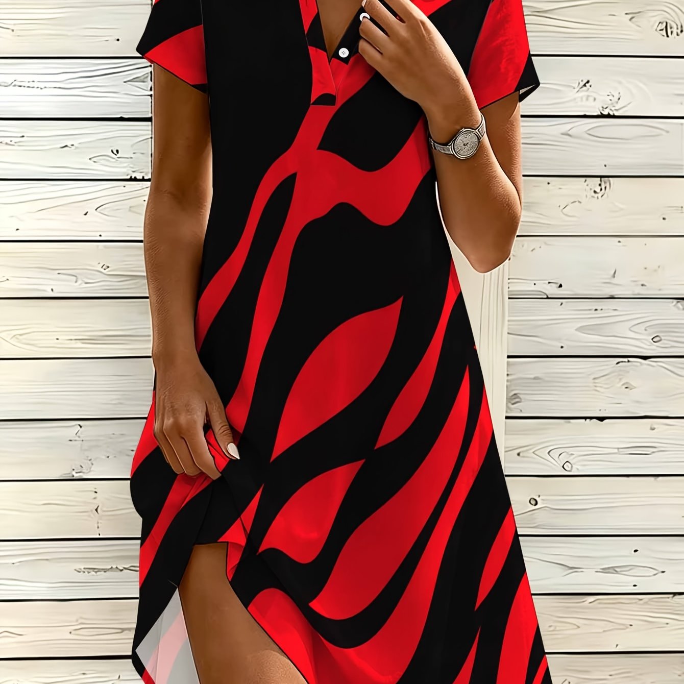 Image of Women's Fashion Shirt Dress, V-neck Button Dress, Red And Black Abstract