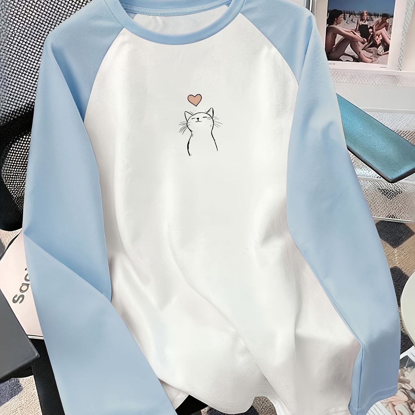 TEMU One-piece Spring Summer Women's Long Sleeve T-shirt Pullover Soft Cute Cat Heart Print Korean Daily Casual -match Top