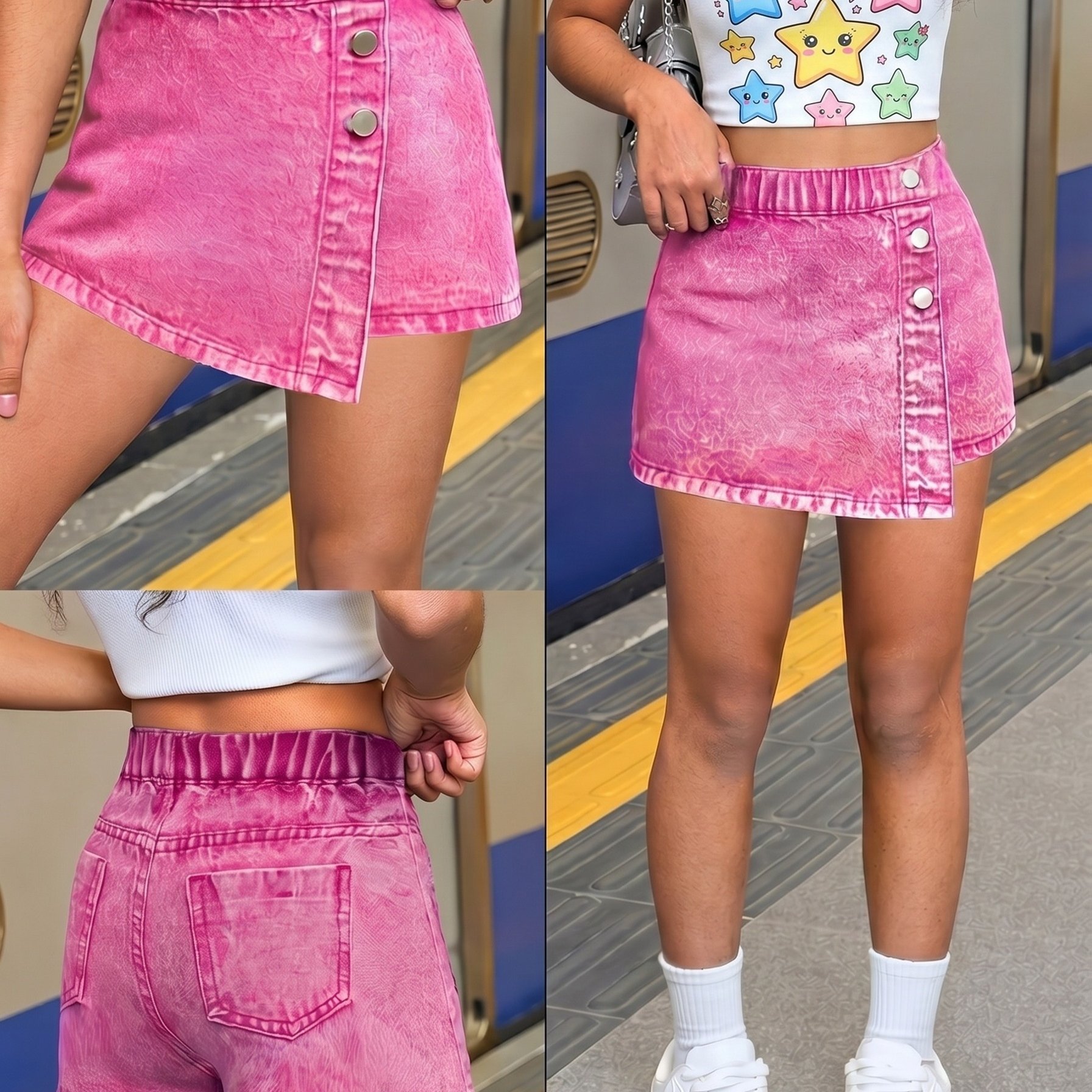 Girls Washed Denim Skort With Elastic Waist & Button Accent Casual Skirt Shorts