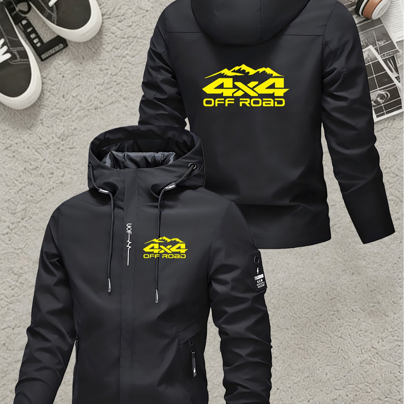 TEMU Men's Hooded Jacket | 4x4 Off-road Adventure Print, Windproof And Durable, Lightweight | Rugged Windbreaker For Suv Enthusiasts And Outdoor