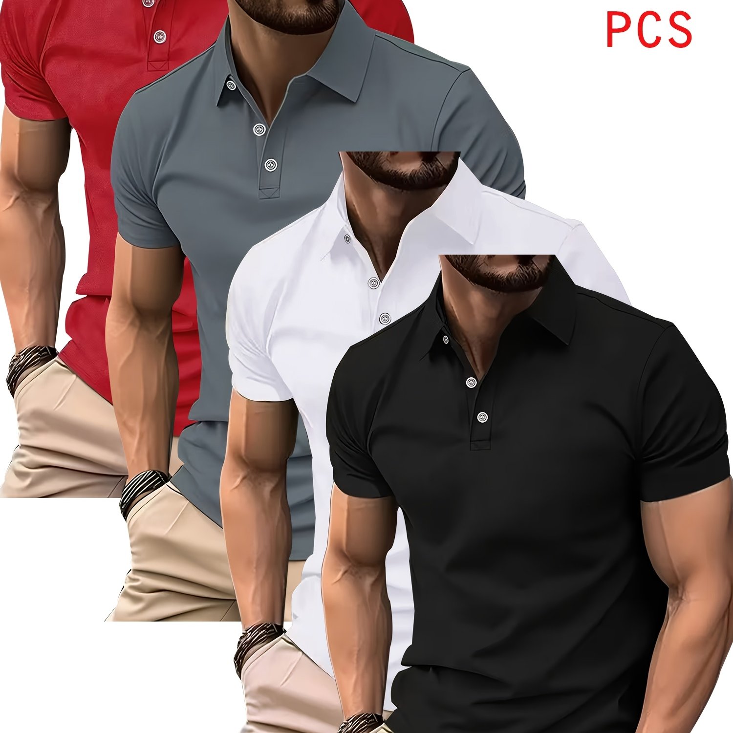 TEMU Shirt Solid Color Lapel Collar 4pcs Mixed Pc, Breathable Quick-dry Golf Casual Shirt, Lightweight Stretch Polyester Button Design, Suitable For