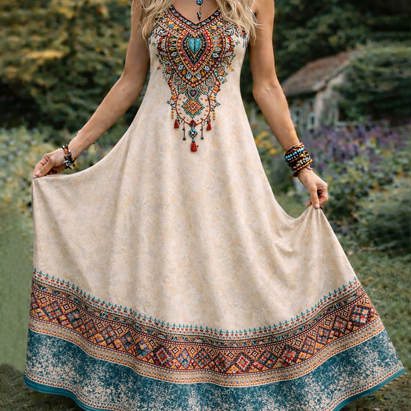 Image of 2d Flat Printing Women's Retro Elegant Sleeveless Long Dress, Bohemian Style Dress, Machine Washable, Suitable For Daily Wear And Vacation