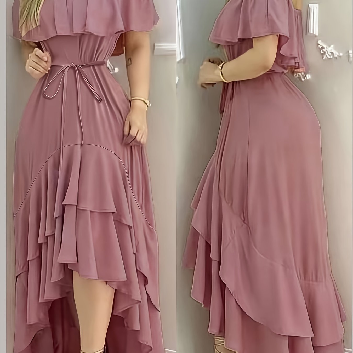 TEMU Vestido Largo con Hombros Descubiertos, Plisado y con Cinturón de Color Sólido