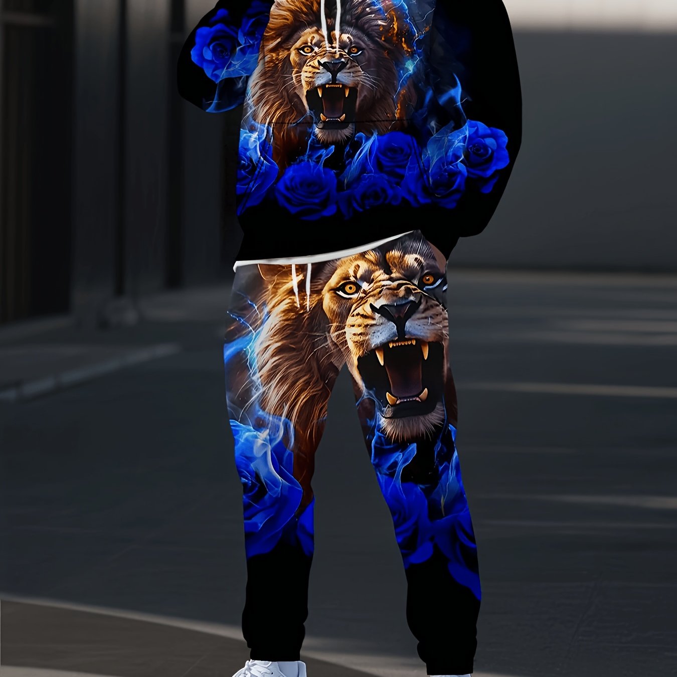 TEMU Black And Blue Gradient Full-body Print Print Men's Sportswear Set, Featuring A Blue Rose And On A Casual Pullover Long-sleeve Hoodie, With
