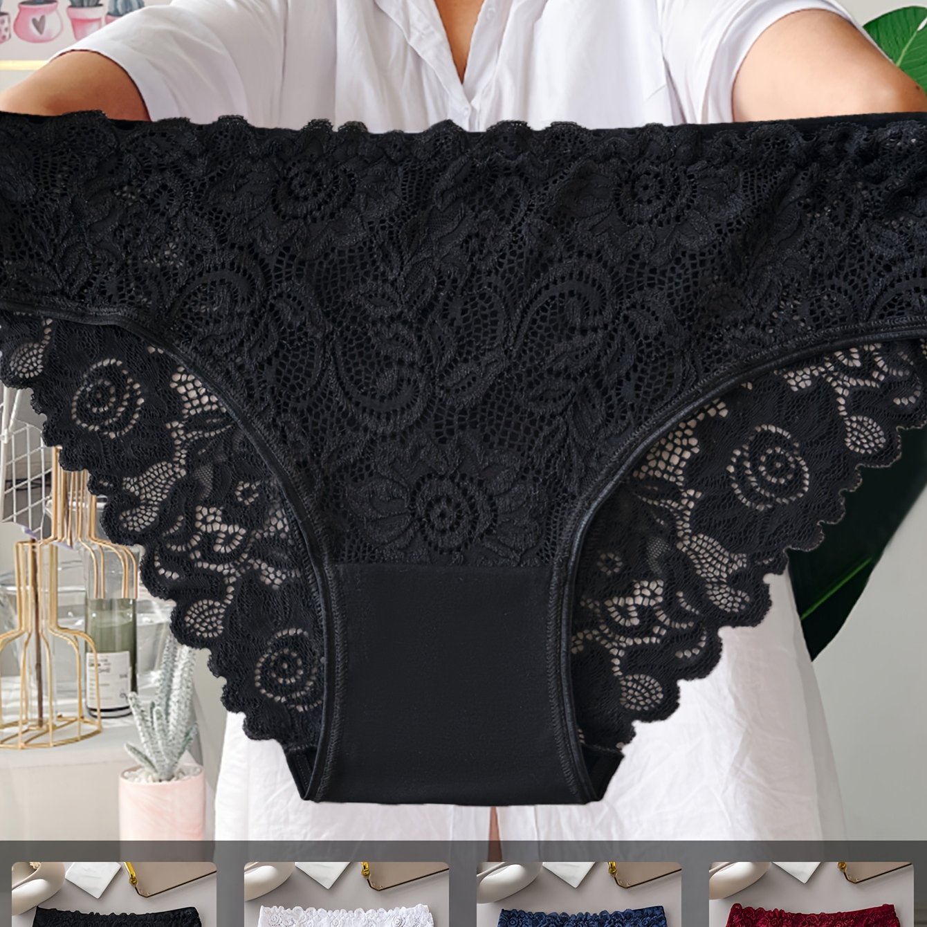4pcs Plus Size Floral Lace Panties For Women - Sexy Mid-rise Briefs With Contrast Lace Detail, Breathable & , Plus Size Underwear