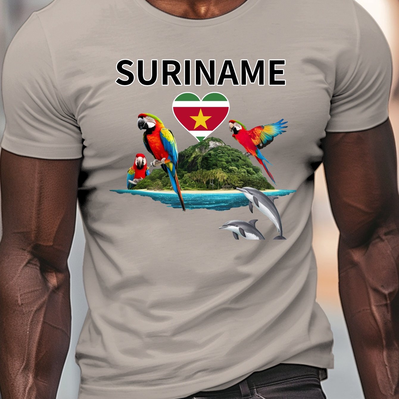 TEMU Print met Suriname-landthema, heren T-shirt met ronde hals en korte mouwen, casual comfortabele lichtgewicht top voor de zomer