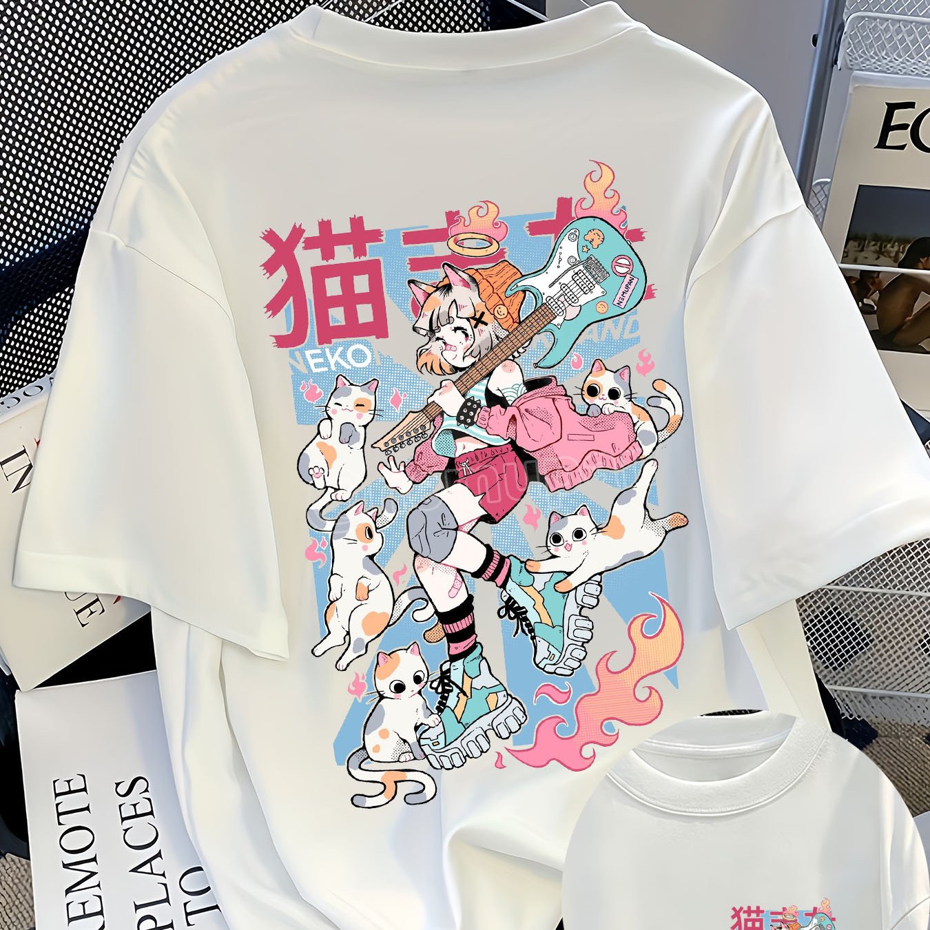 Image of 'cat Graphic T-shirt Women | Fantasy Character | Band Style Oversized Summer Top | Kawaii Loose Fit Casual Shirt'