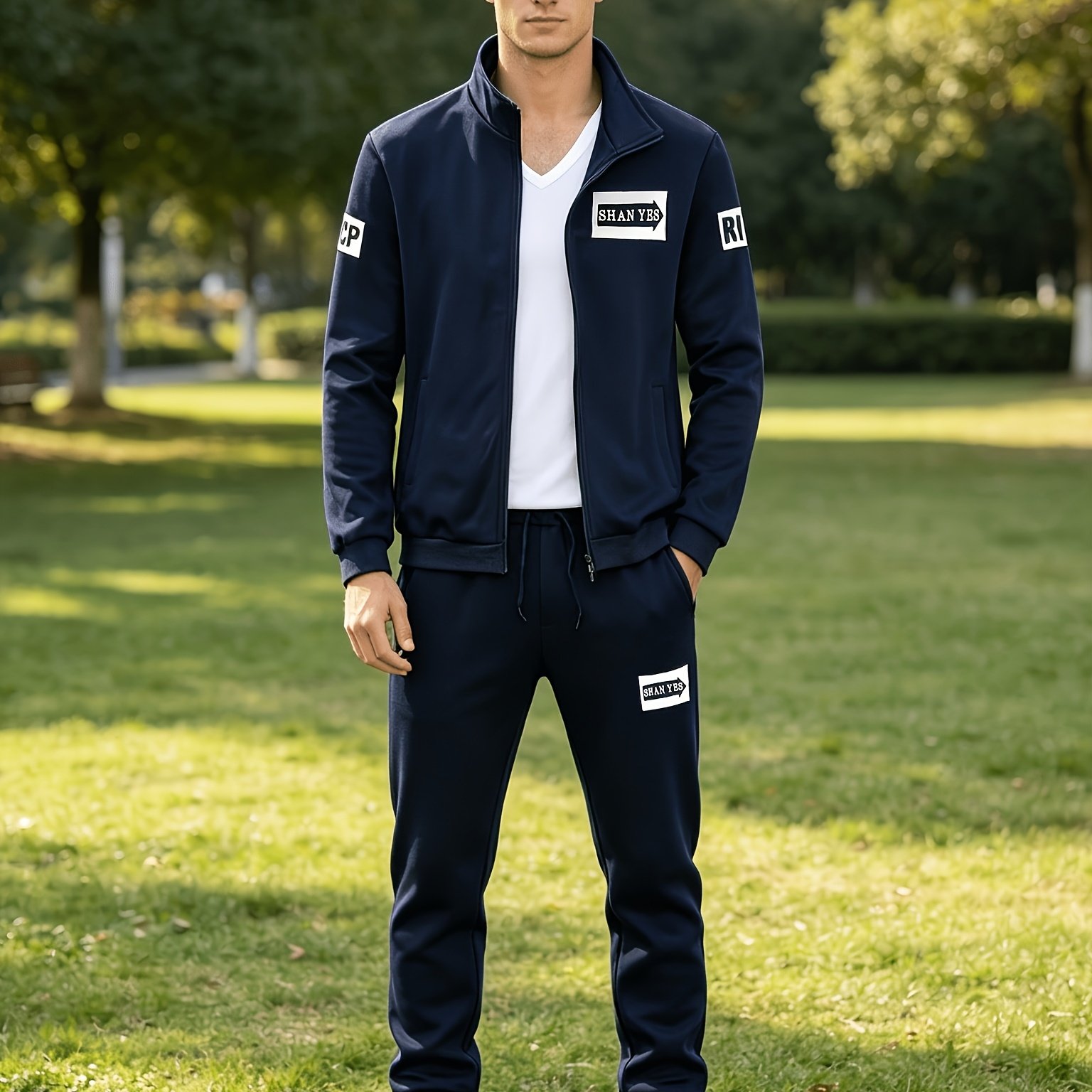 Men's Spring And Autumn Printed Letter Collar Casual Sports Cardigan Set
