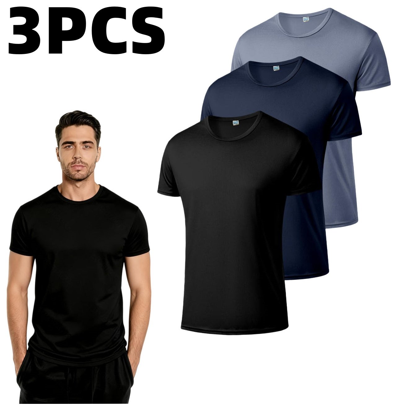 TEMU Ensemble de 3 T-shirts de sport décontractés pour hommes (Noir, Gris, Marine), T-shirt à manches courtes et col rond respirant à séchage rapide,