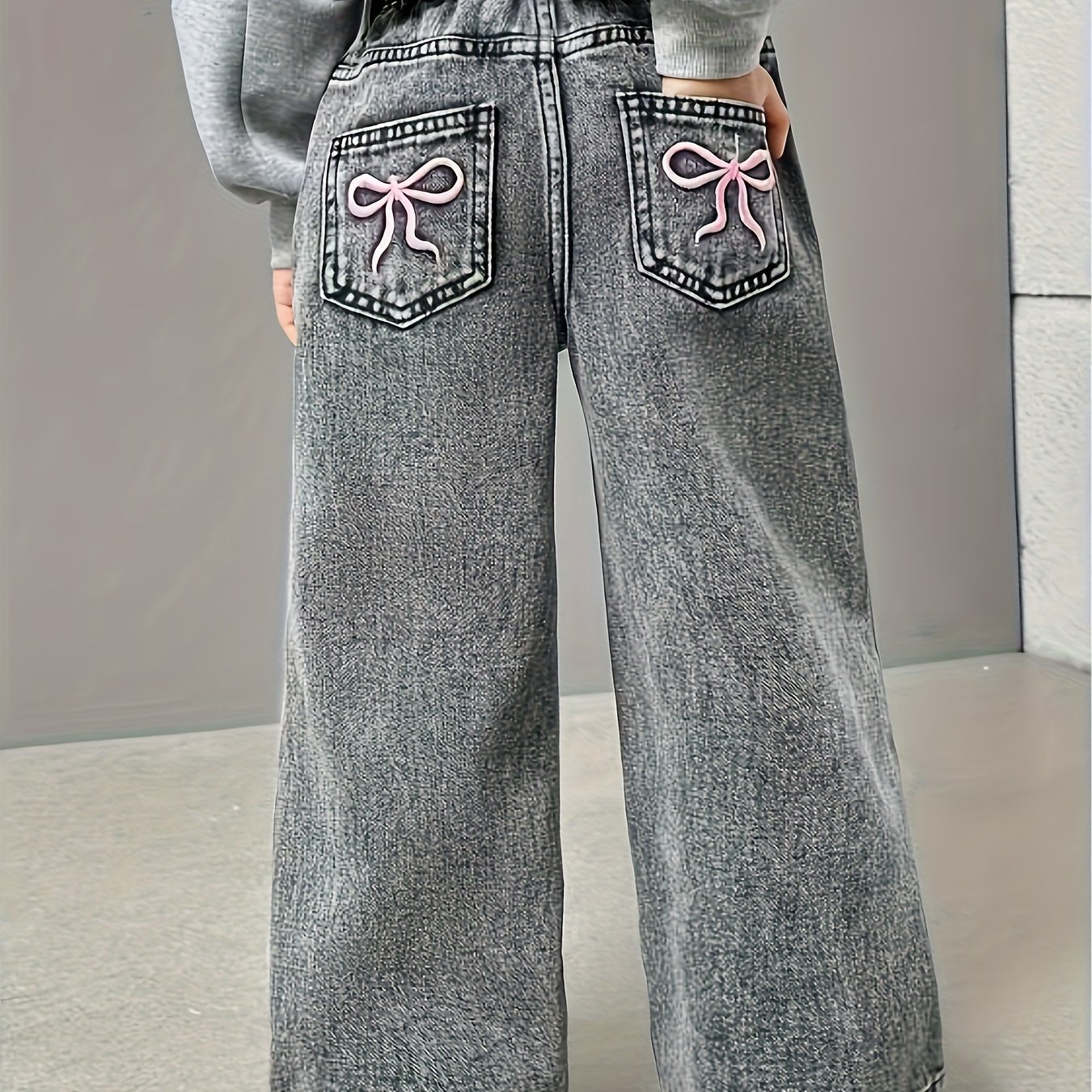 Image of Girls' Y2k Style Bow Embroidered Straight-leg Jeans, Fashionable Retro Streetwear Wear, , Valentine's Day Gift