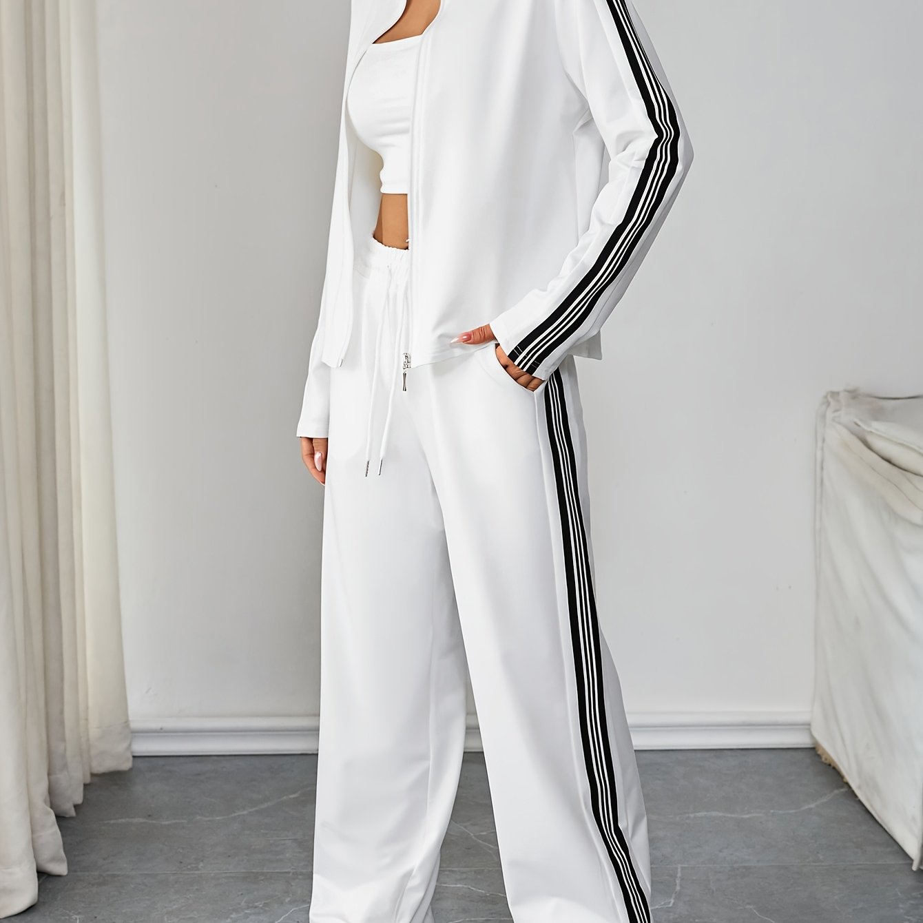 E-shop Damenanzug, Frühling/Herbst Langarm Mantel mit Reißverschluss und langen Hosen, Damen Freizeit 2-teiliges Set, Elegante Damen Straight Leg Hose
