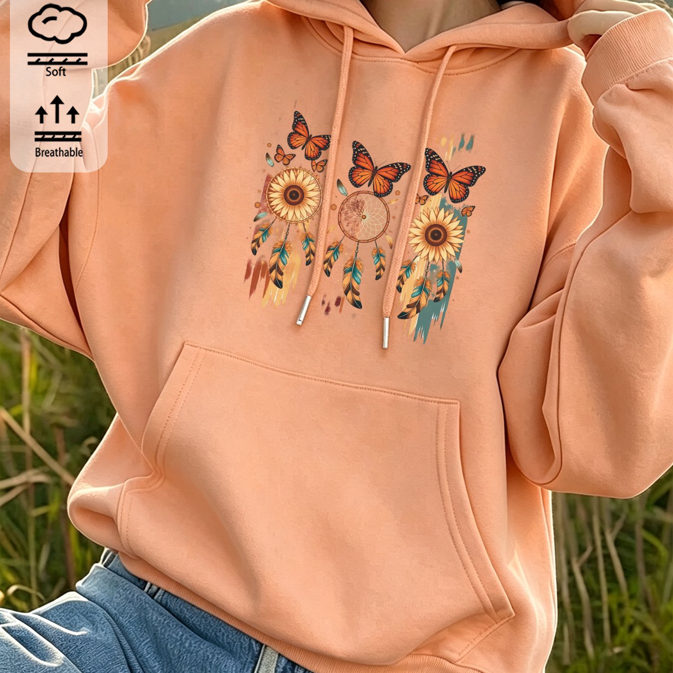 Image of Autumn Winter Women's Boho Hooded Drawstring Sweatshirt With Dreamcatcher Print, Casual Loose Pullover Jacket