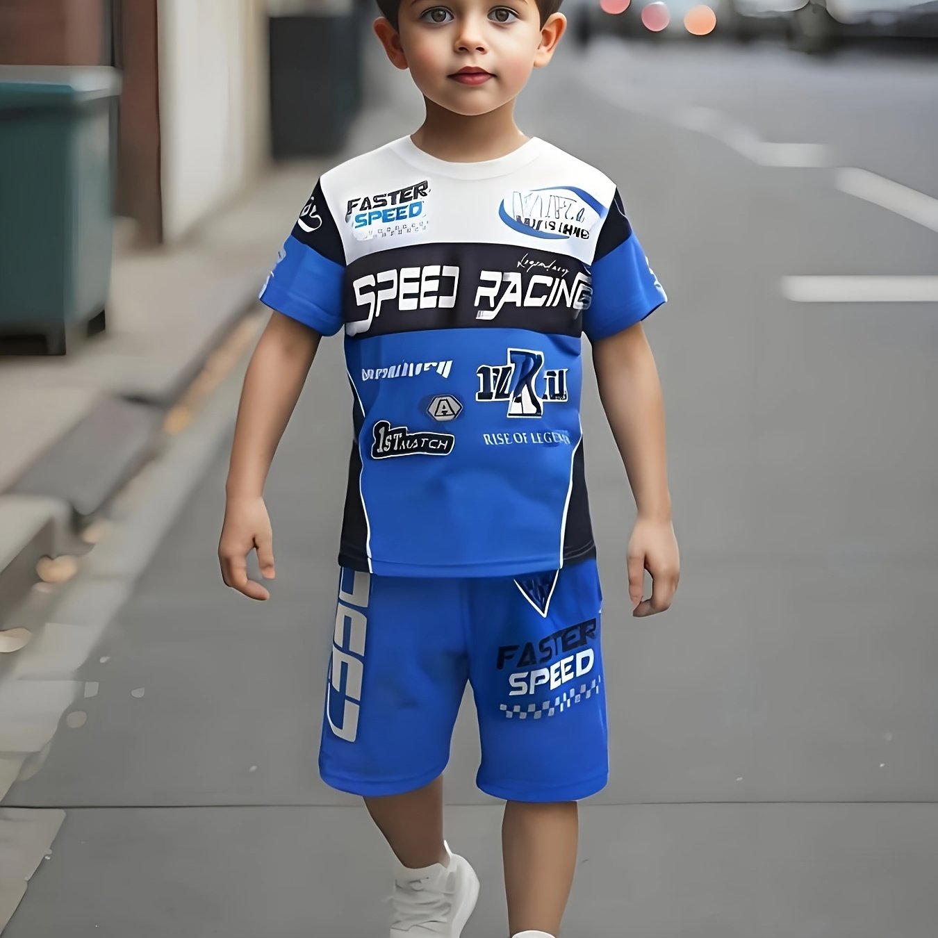 Image of 2pcs/set Toddler Boy Motorcycle Letters Print Short Sleeve And Casual Shorts For Summer, School, Party, Sports Outfits, As Gift, For Outdoor
