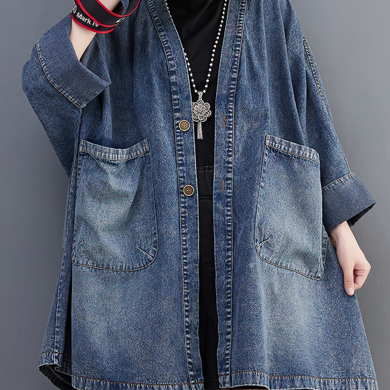 Image of Japanese Directional V-neck Light Color Denim Cardigan Loose Batwing Sleeve Midi Trench Coat