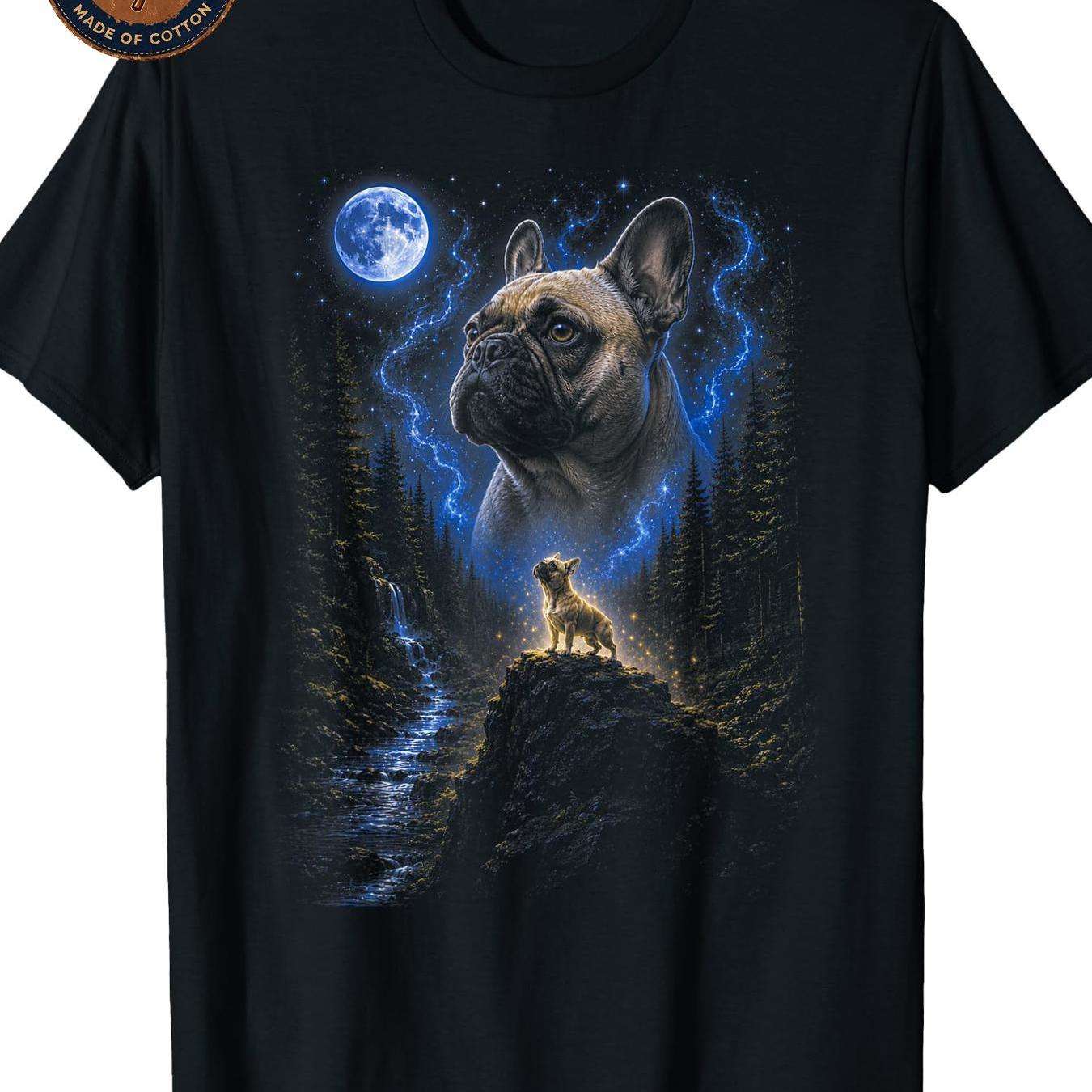 Image of Men's T-shirt Unisex T Shirt French Bulldog At The Moon 90s Retro Nature Forest Graphic Shirt Casual Streetwear Summer Breathable Tee Round Attire Wearing Printed Concert Neck