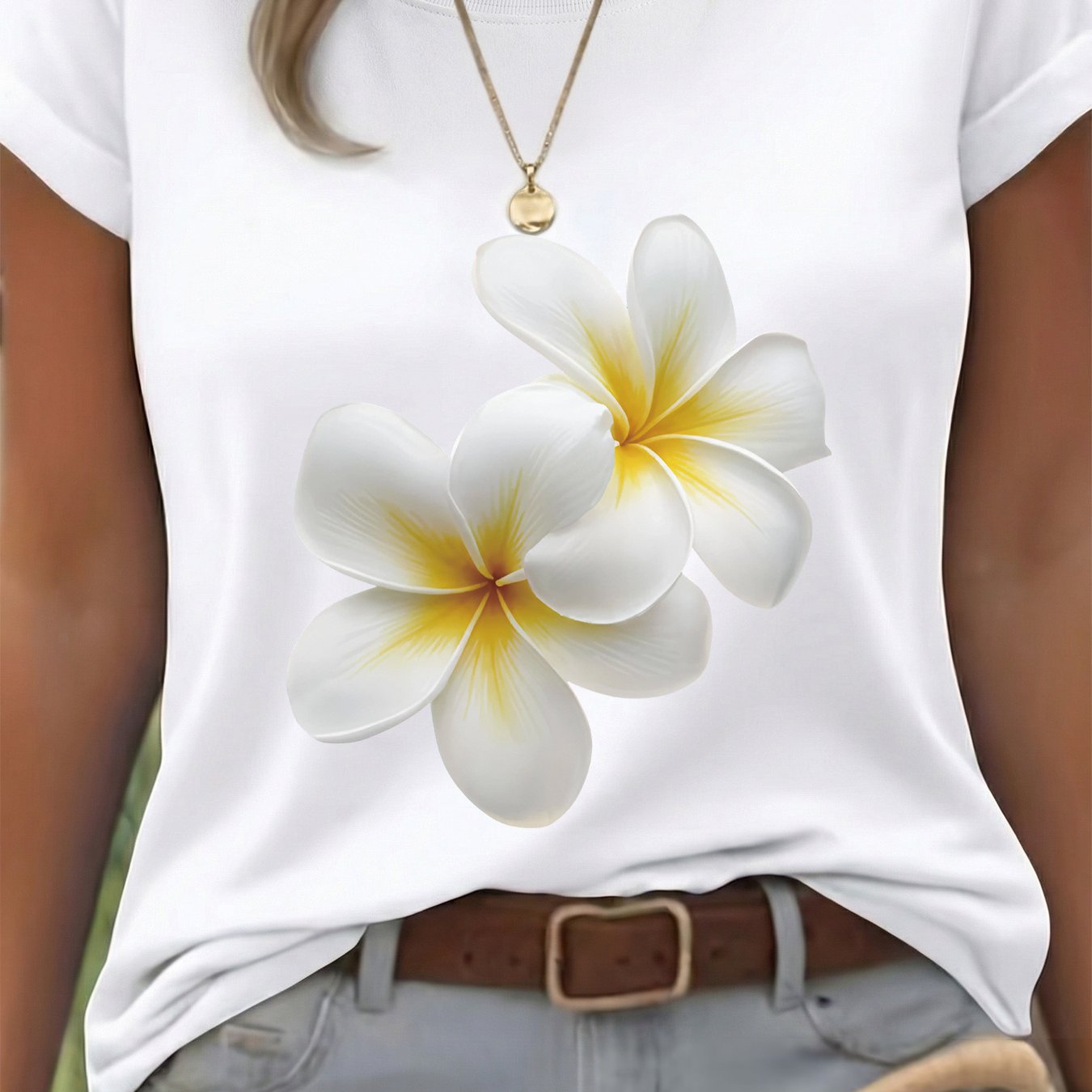 Image of Plus Size, Spring/summer Casual Women's Top, , Frangipani Flower, White And Yellow Printed Short Sleeve Round Neck Pure T-shirt