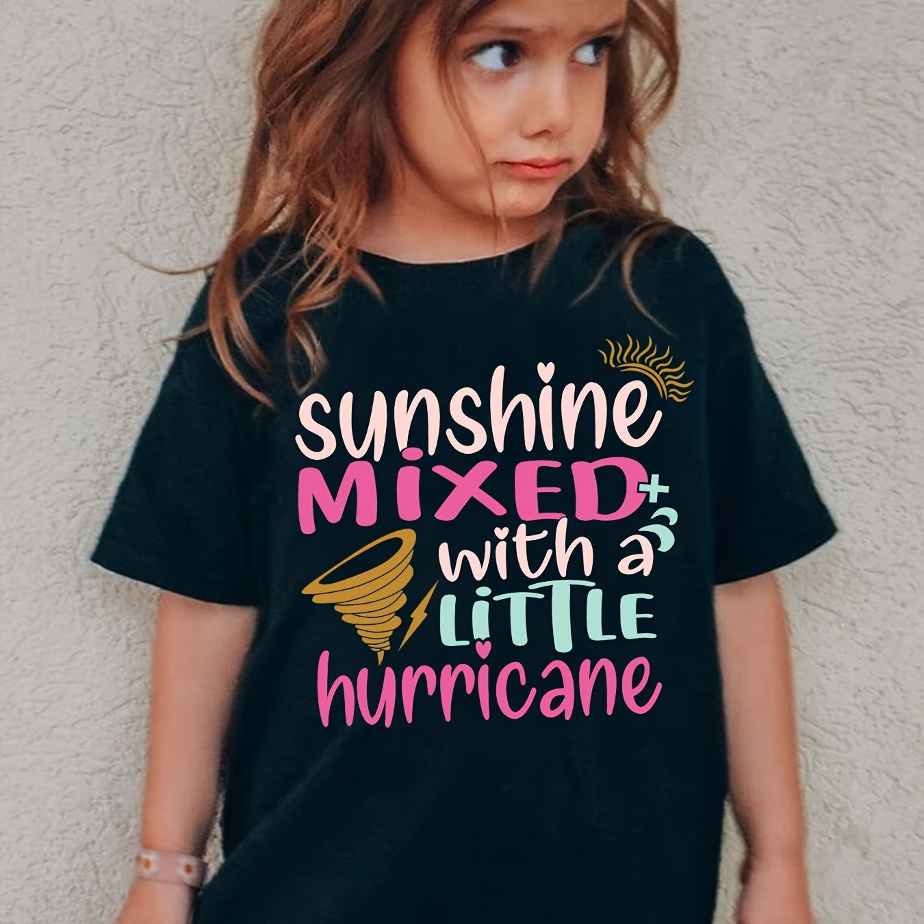 Image of Summer Girls' Stylish Short-sleeve T-shirt With The Print 'sunshine Mixed With A Little Hurricane', A Cute Casual Top For Kids