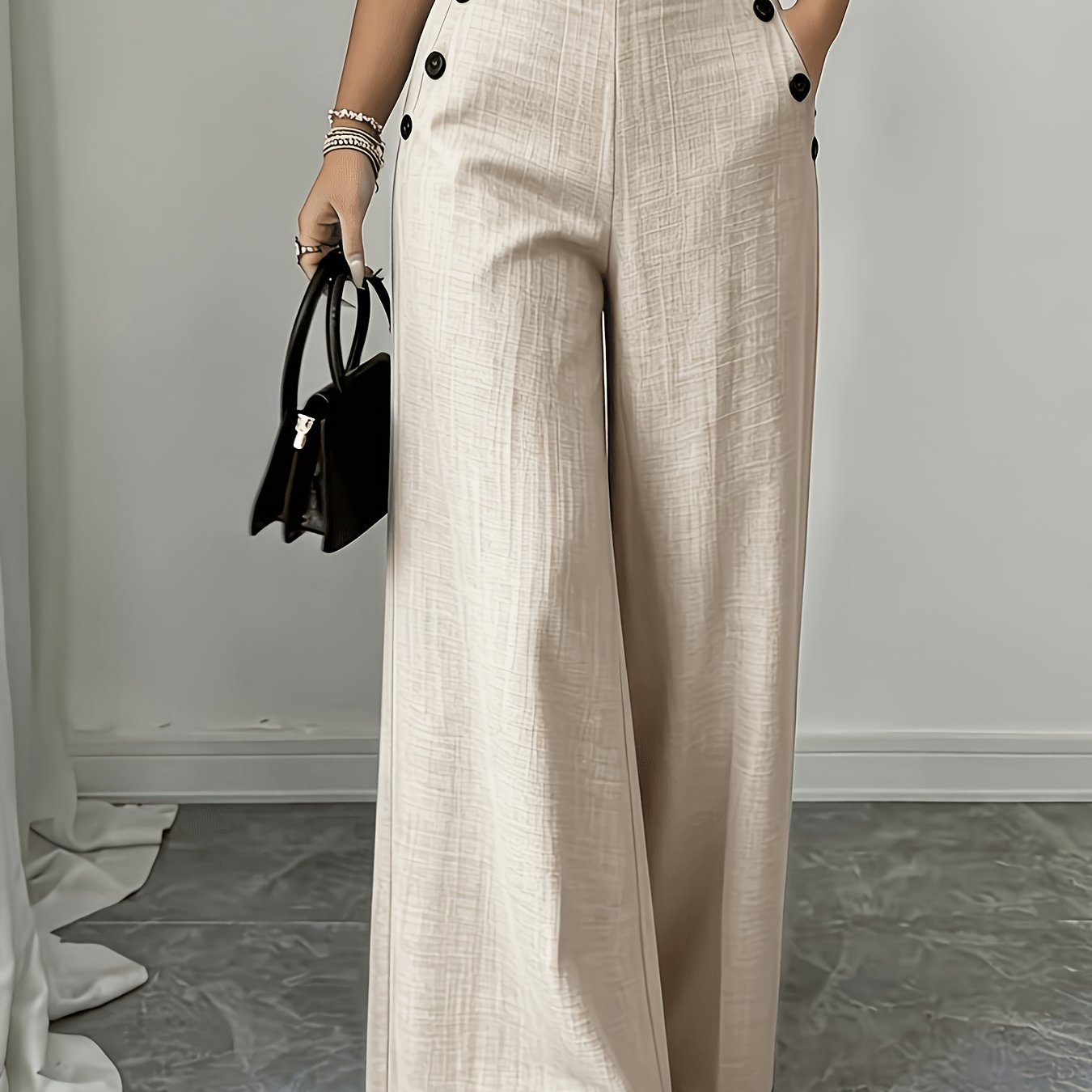 TEMU Ladies' High Waisted Wide Leg Pants With Side Button Decorations, Loose Floor Length Pants, Elegant Commuting And Casual, Soft And Lightweight