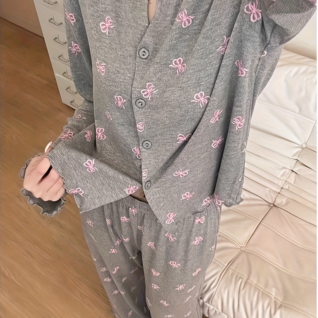 TEMU 2025 New Cute Breathable -friendly Spring/autumn Pajamas For Women, Gray-pink Bowknot Summer Loungewear