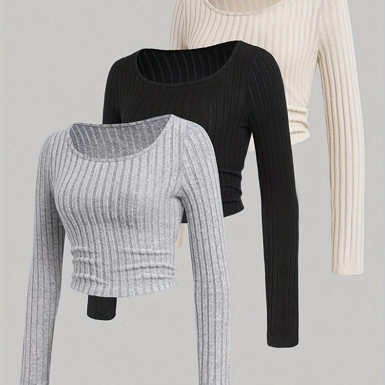 Image of 3pcs Pack, Ribbed Long Sleeve Base T-shirts, Multi-functional Round Neck Long Sleeve Tees For Fall Winter, Women's Clothing