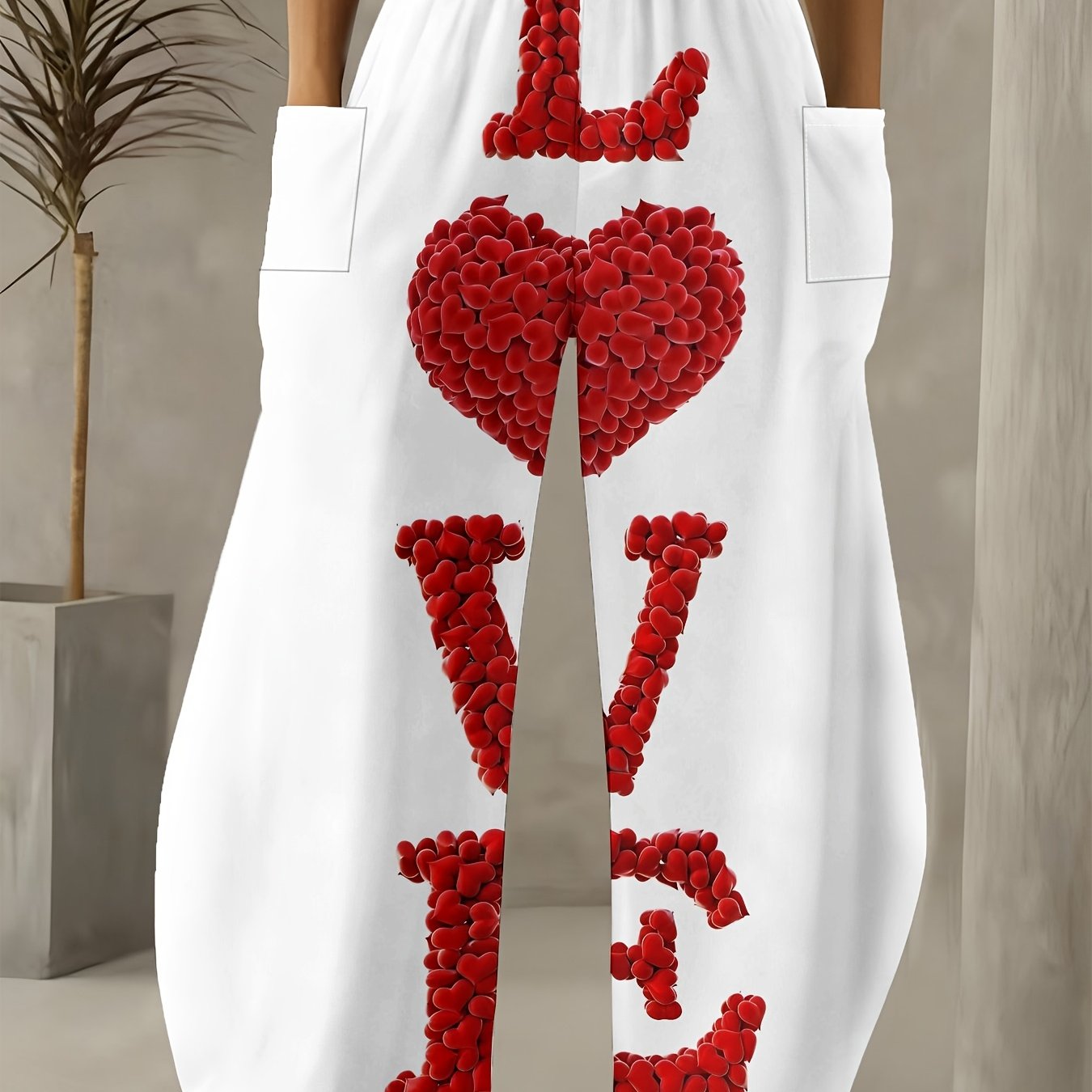 TEMU Pantalon large à imprimé cœur rouge et LOVE pour femmes - Pantalon à coupe décontractée, tenue décontractée pour la Saint-Valentin, lavable en