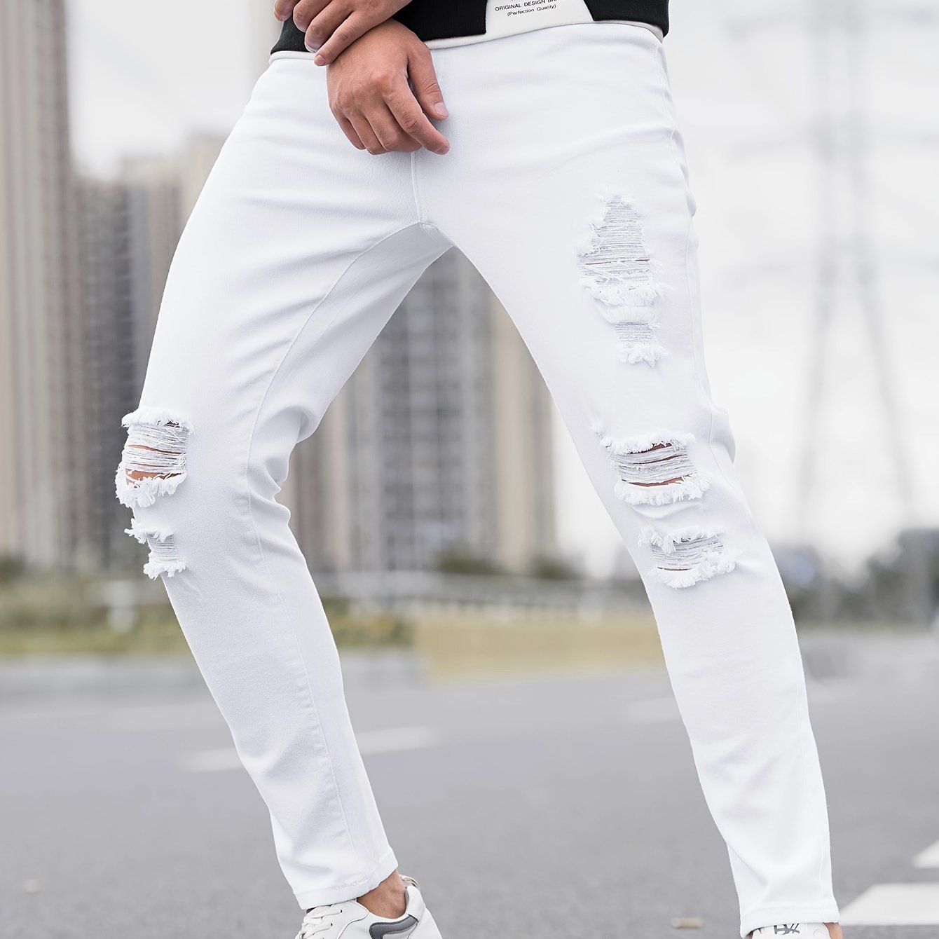 Men's Spring/summer Trendy Versatile Slim-fit White Ripped Stretch Casual Jeans
