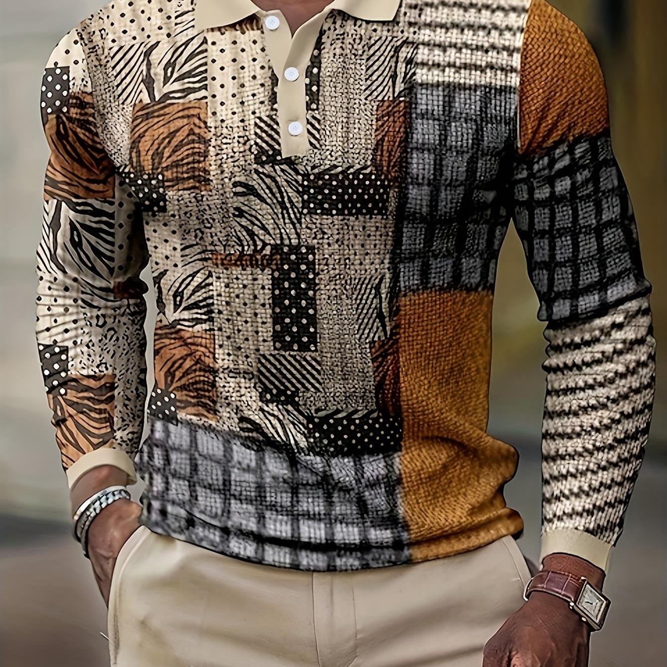 TEMU Men's Casual Long Sleeve Shirt Beige Abstract Plaid Polka Dots Animal Print Geometric Patterns For Daily Wear Party Vacation Beach Fashion