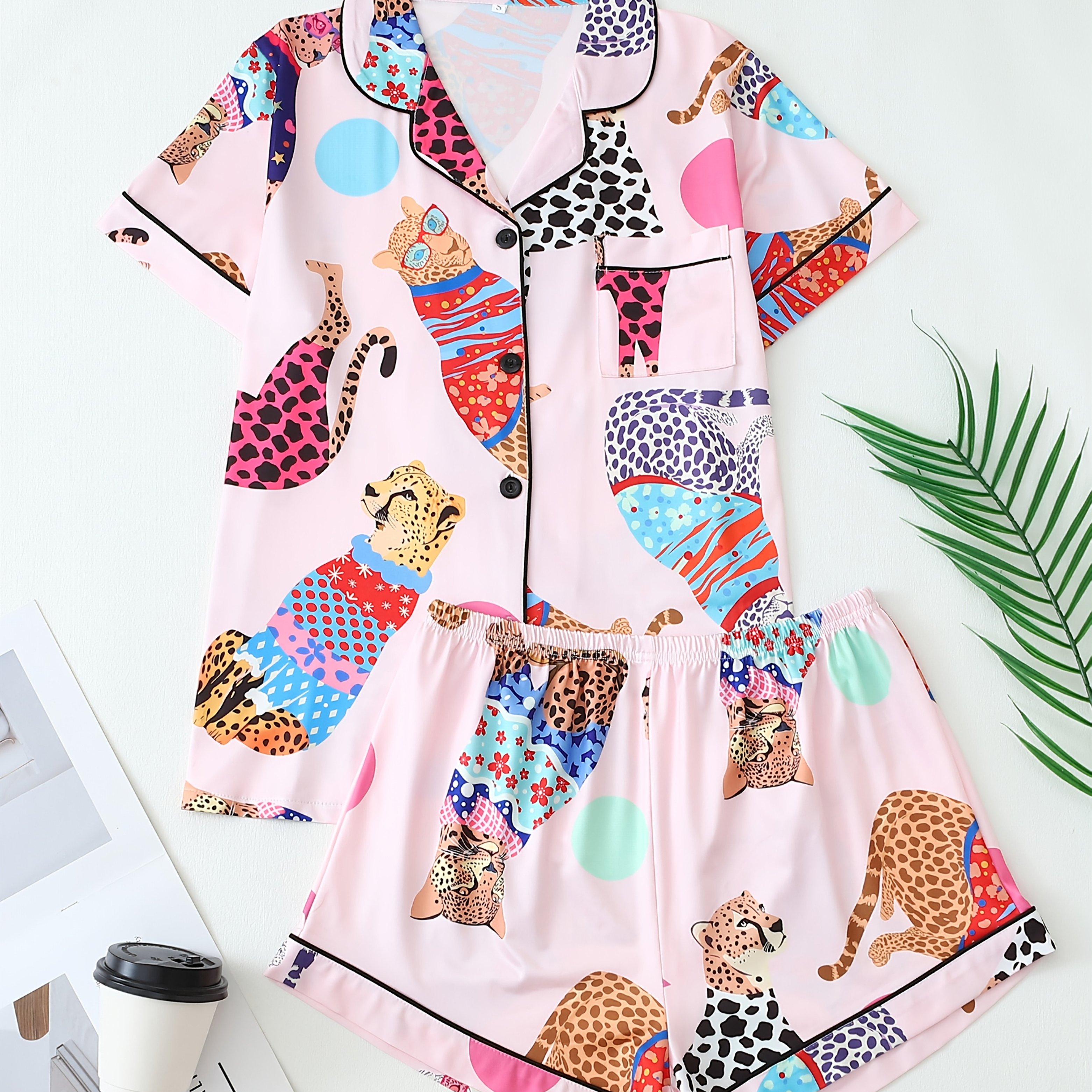 Women's Pink Leopard Print Collar Short Sleeve Shorts Casual Pajama Set