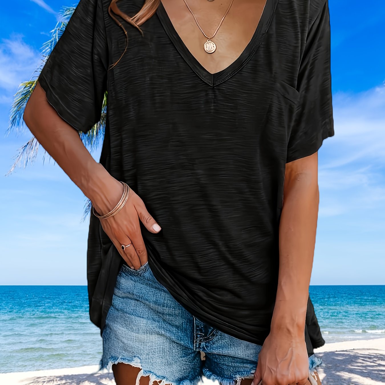 Image of Women's V-neck Summer Daily T-shirts, Loose Fit Short Sleeve Casual Tops With Pocket For