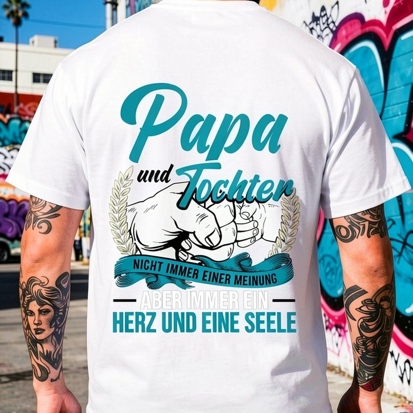 Image of Father-daughter Matching T-shirts- Black With Teal Text- German Quote Papa Und T Chter- Casual Tee For Dad Daughter- Birthday, Father's Day Gift- Non-stretch Fabric