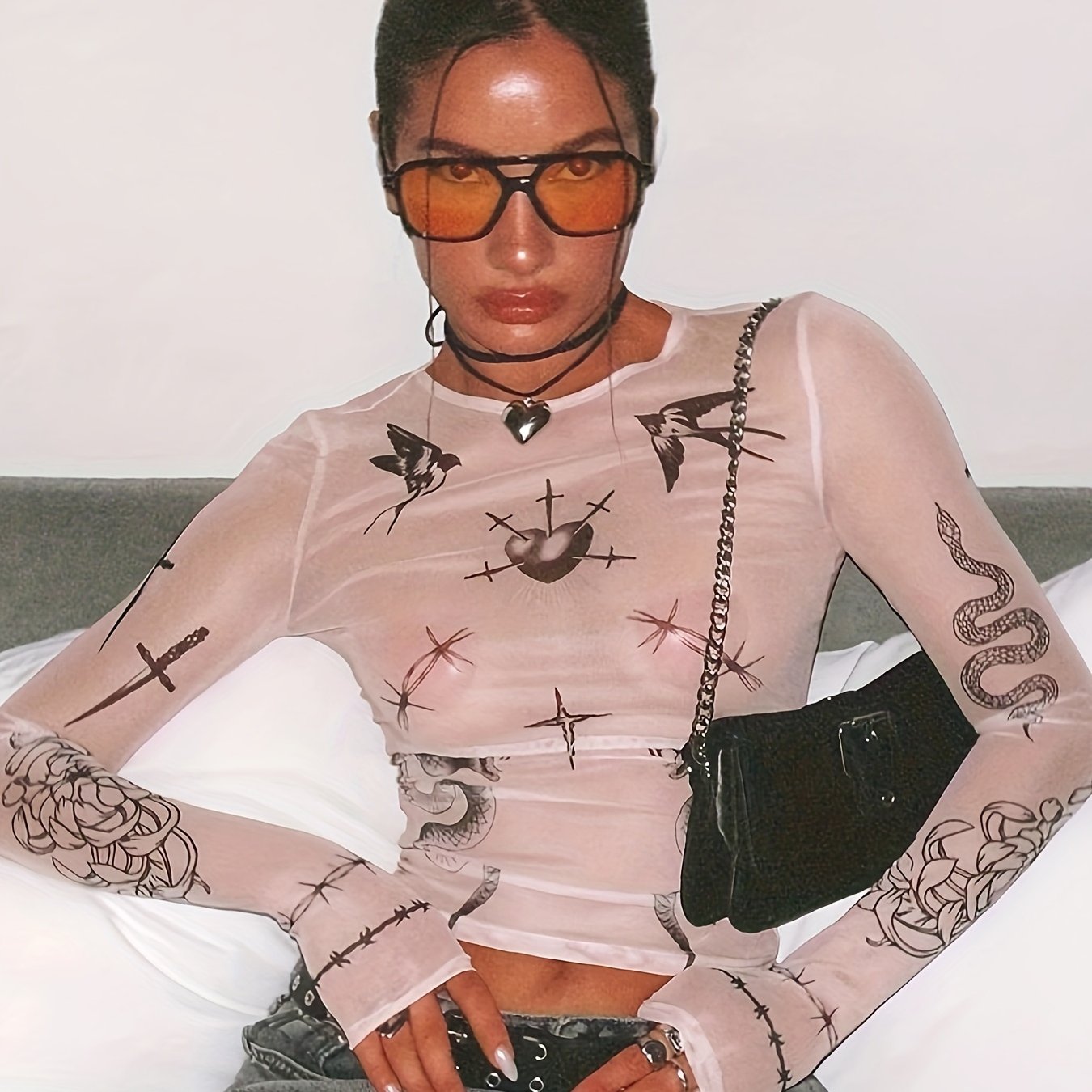 Image of Women's Sheer Mesh Crop Top With Anime Tattoo Print - Summer Short Sleeve Round Neck Blouse, Semi-sheer Layered Shirt For Casual & Night Outfits, Machine Washable (2024 New Arrival)