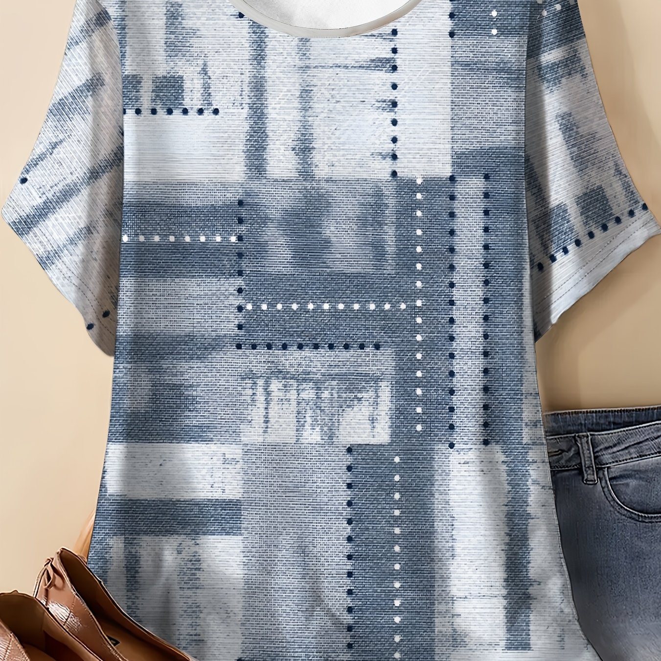 TEMU Vintage Distressed Print T-shirt, Loose Neck Designer Top