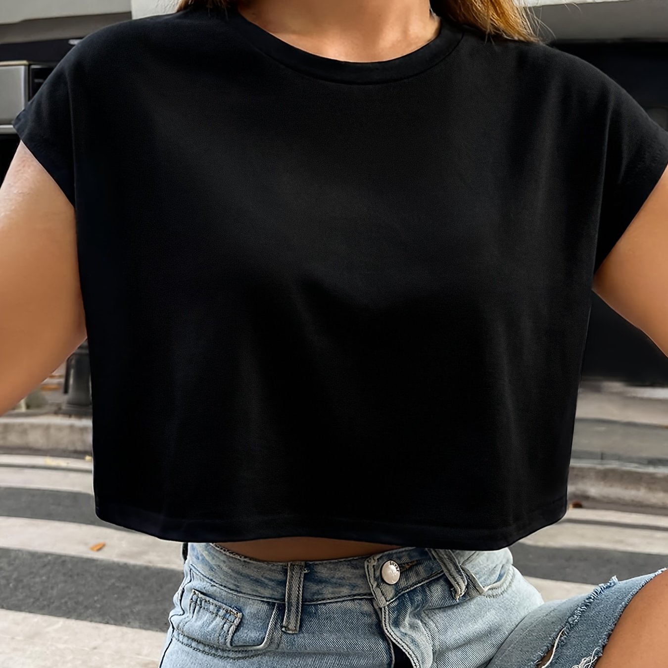 TEMU Trendy Solid Color Loose Crop T-shirt Crew Neck Y2k Casual Summer Tops Women's Clothing