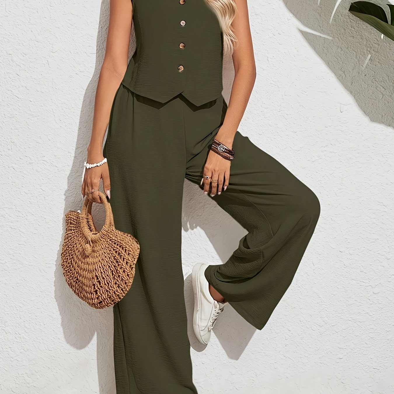 E-shop 2-teiliges Set Damen V-Ausschnitt Elegantes Lässiges Ärmelloses Top und Hosen Outfit