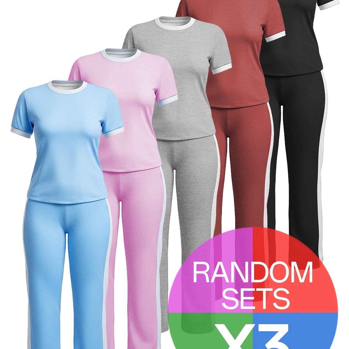 TEMU 3-pack/6-piece Set, Random Colors, Women's Sporty Casual Short Sleeve And Long Pants Outfit Set