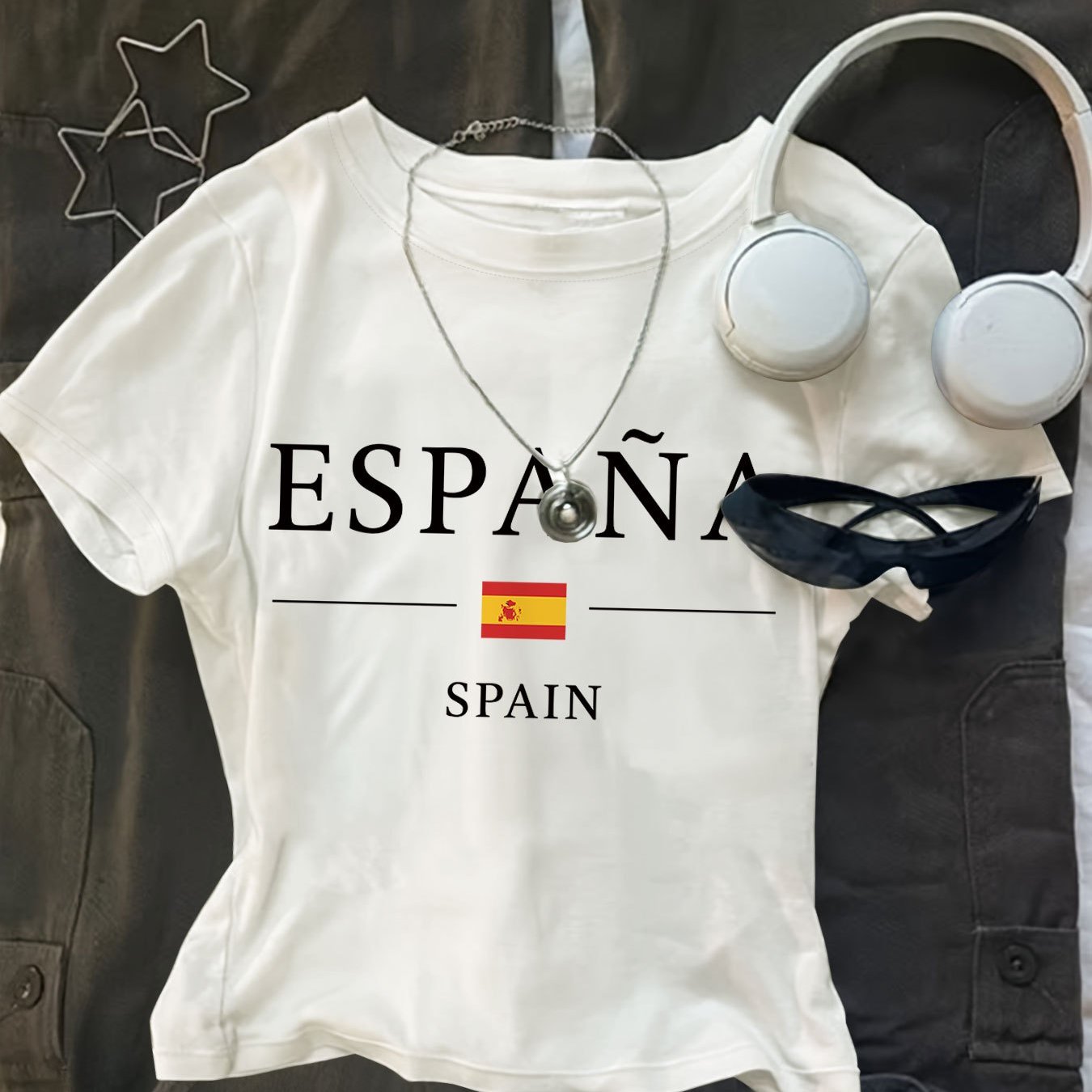 TEMU Crop Top De Minimalist Style "espaÃ±a Spain" Letter Print Short Sleeve Crew Neck T-shirt Tee