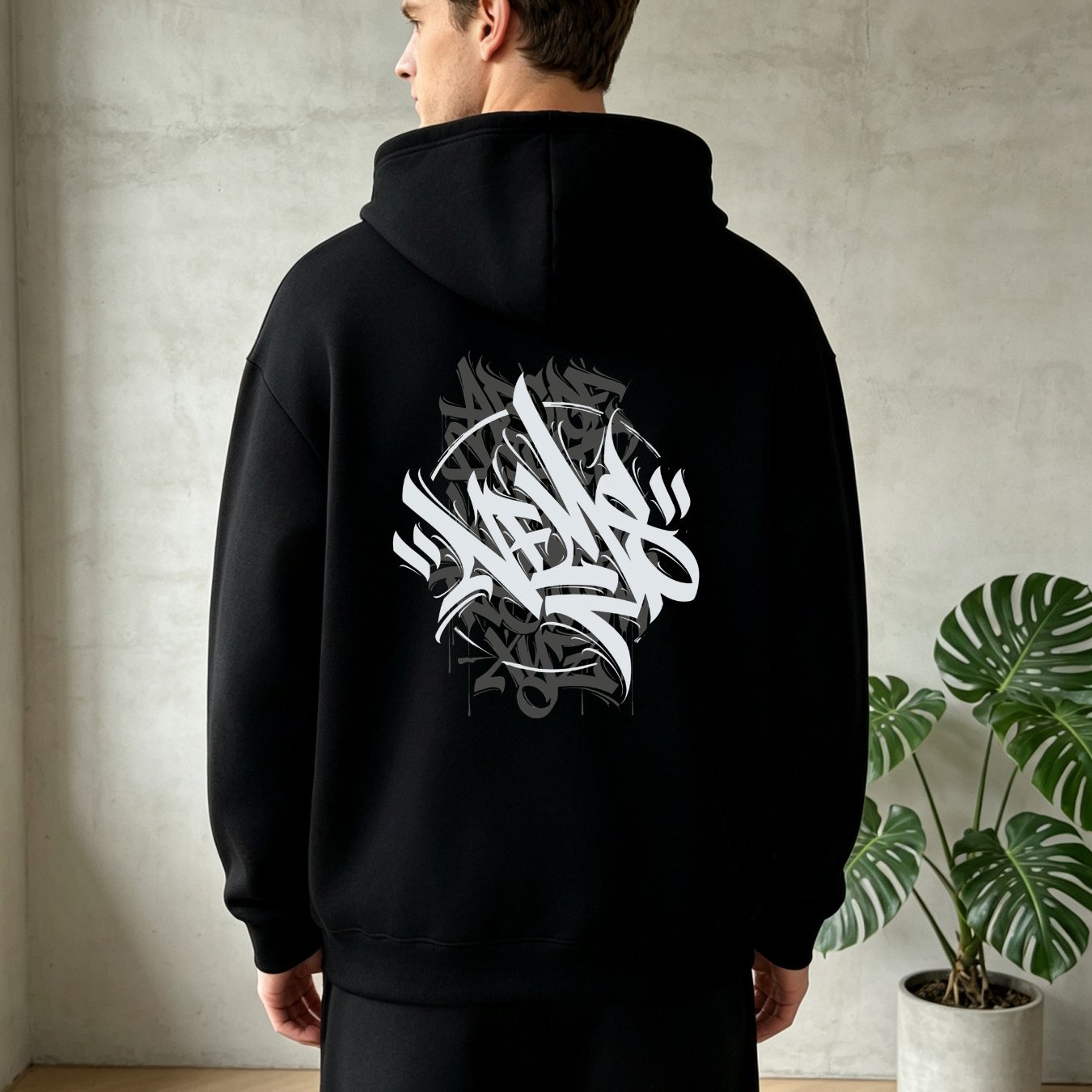 Image of Men's Black Thin Breathable Hoodie With White Graffiti Print, Regular Fit Streetwear For Spring Autumn Daily Wear, Fashionable & . Ships From Europe