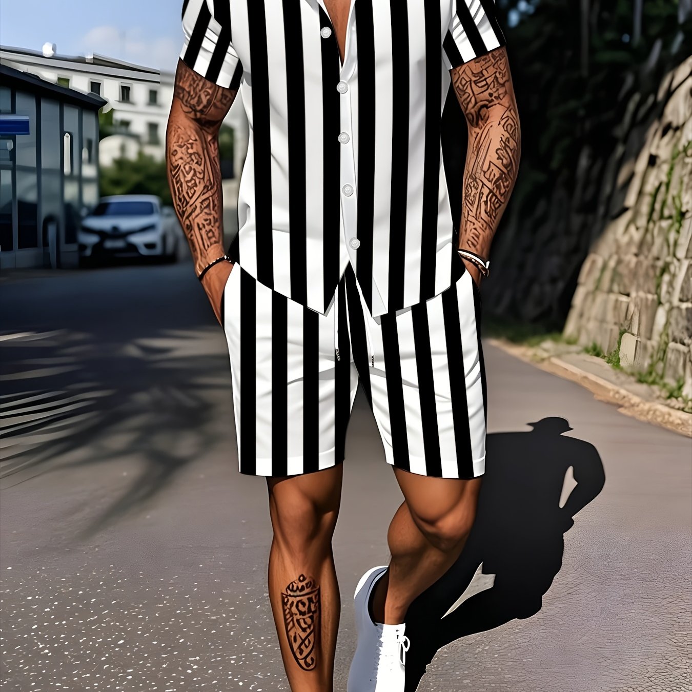 TEMU Men's Short Sleeve Shorts Set, Casual Daily Wear Short Sleeve Outfit, Machine Washable, Fashionable Men's Casual Sportswear For Outdoor