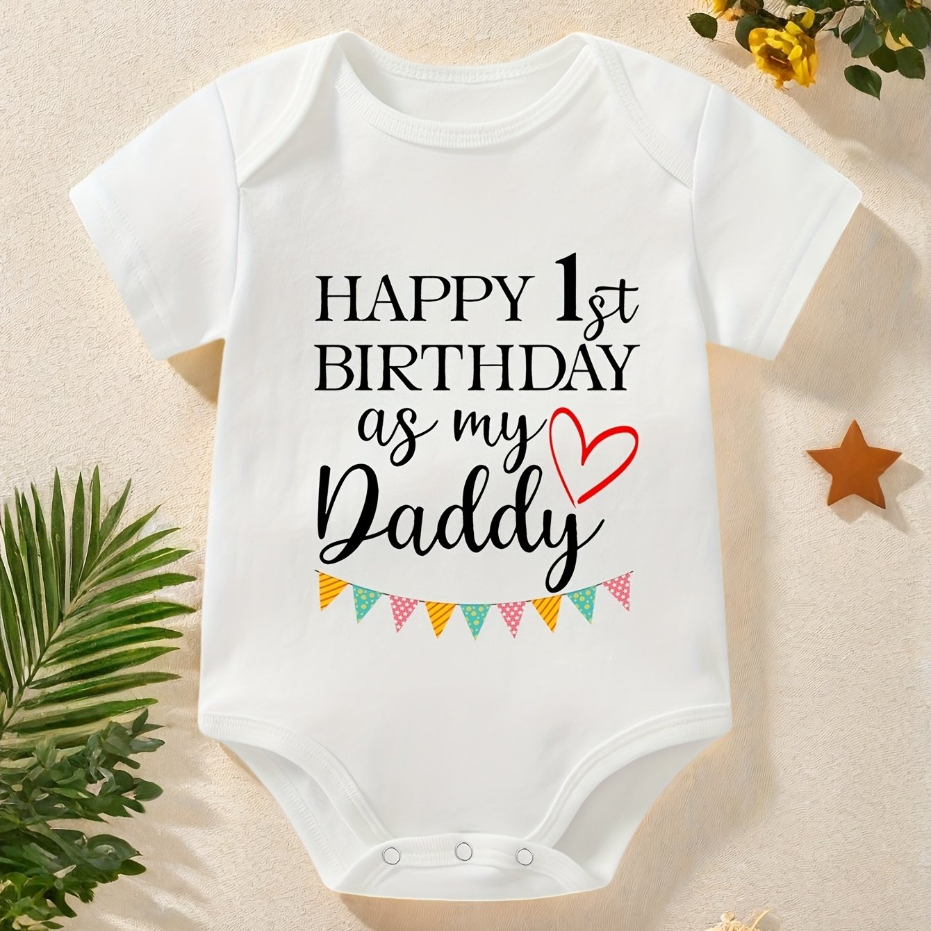 Image of Happy 1st Birthday As My Daddy Letter Banner Print Baby Triangle Bodysuit Infant Daddy Birthday Gift Casual Baby Party Outfit Baby Unisex Baby Short Sleeve T-shirt, For Outdoor