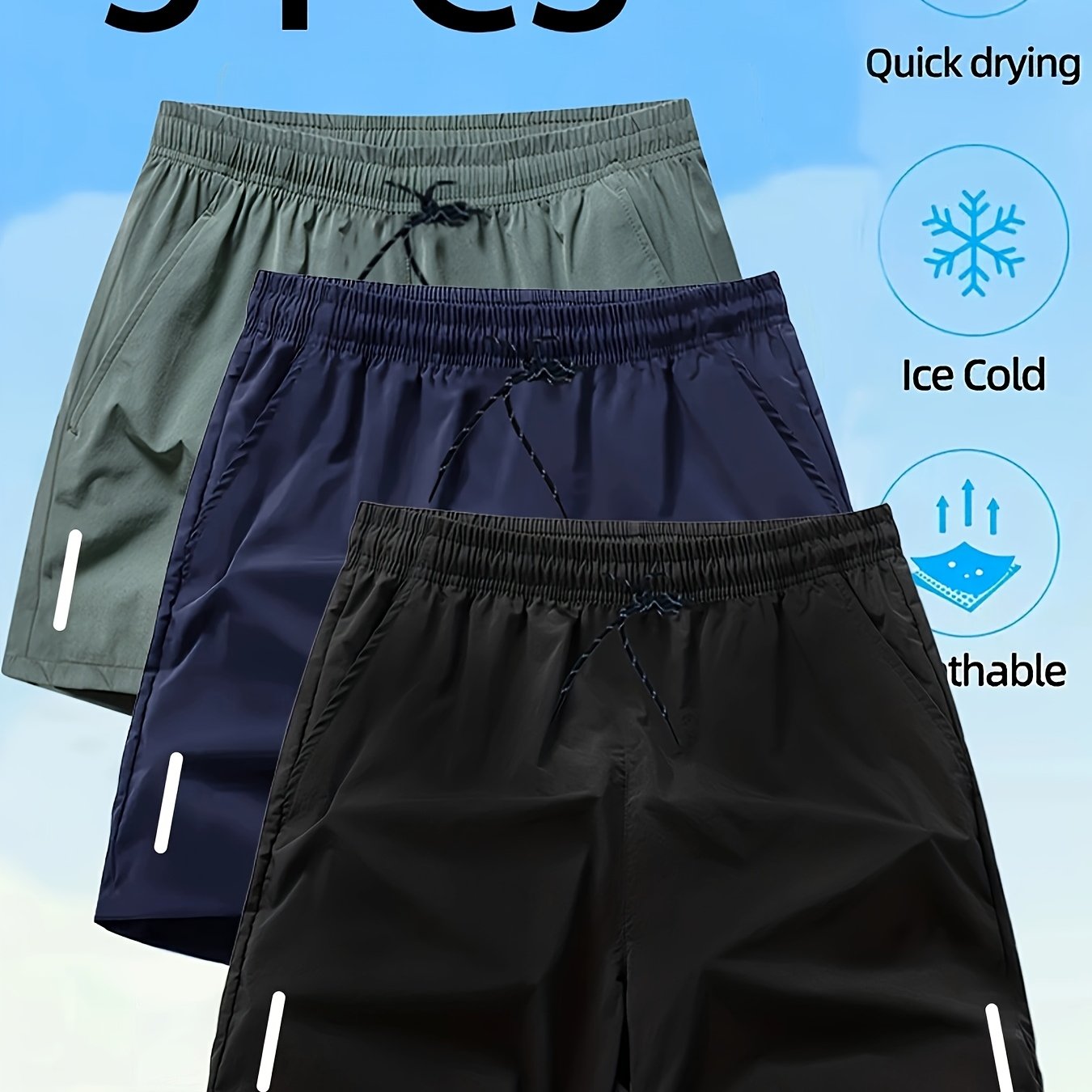 TEMU Shorts de Sport Homme 3 pièces avec Poches, Respirants, Coupe Ample, Couleur Unie, Style Décontracté, Taille Élastique à Cordon - Tissu Léger et