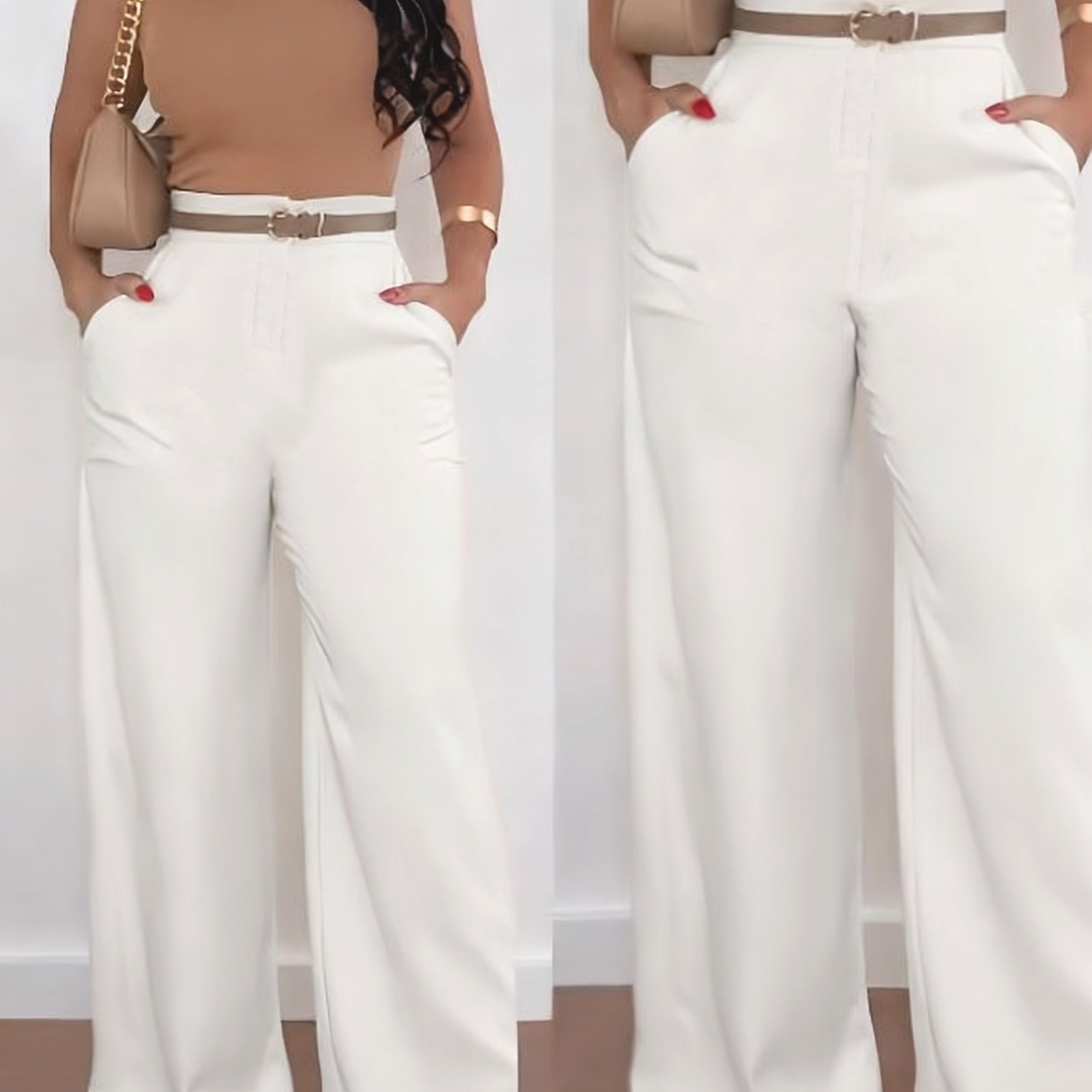 TEMU Wide- Bell-bottom Pants With High-waist & Pocket - Elegant Bell-bottom Flare Hem Trousers, Loose Fit For Spring Summer Casual Or Dressy Outfits,